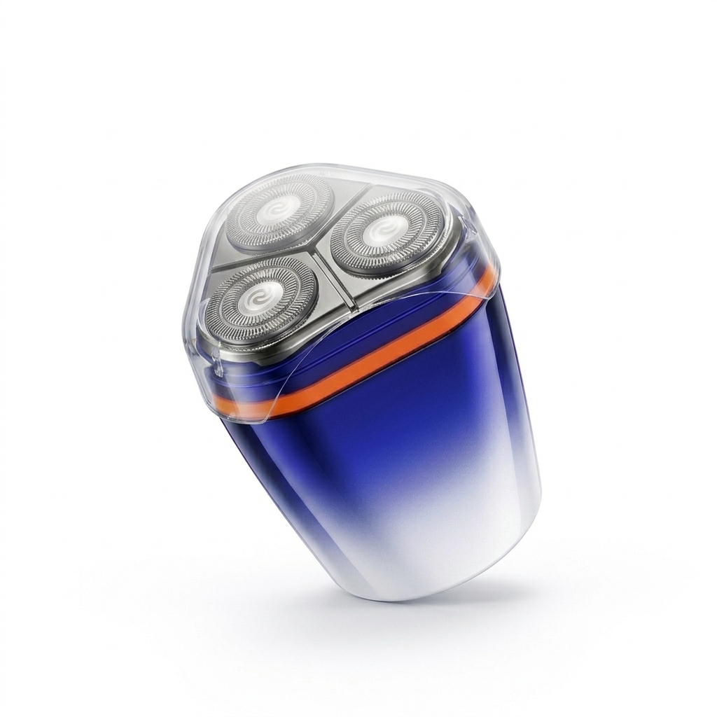 portable electric shaver with 3 rotary blades, waterproof design, blue body