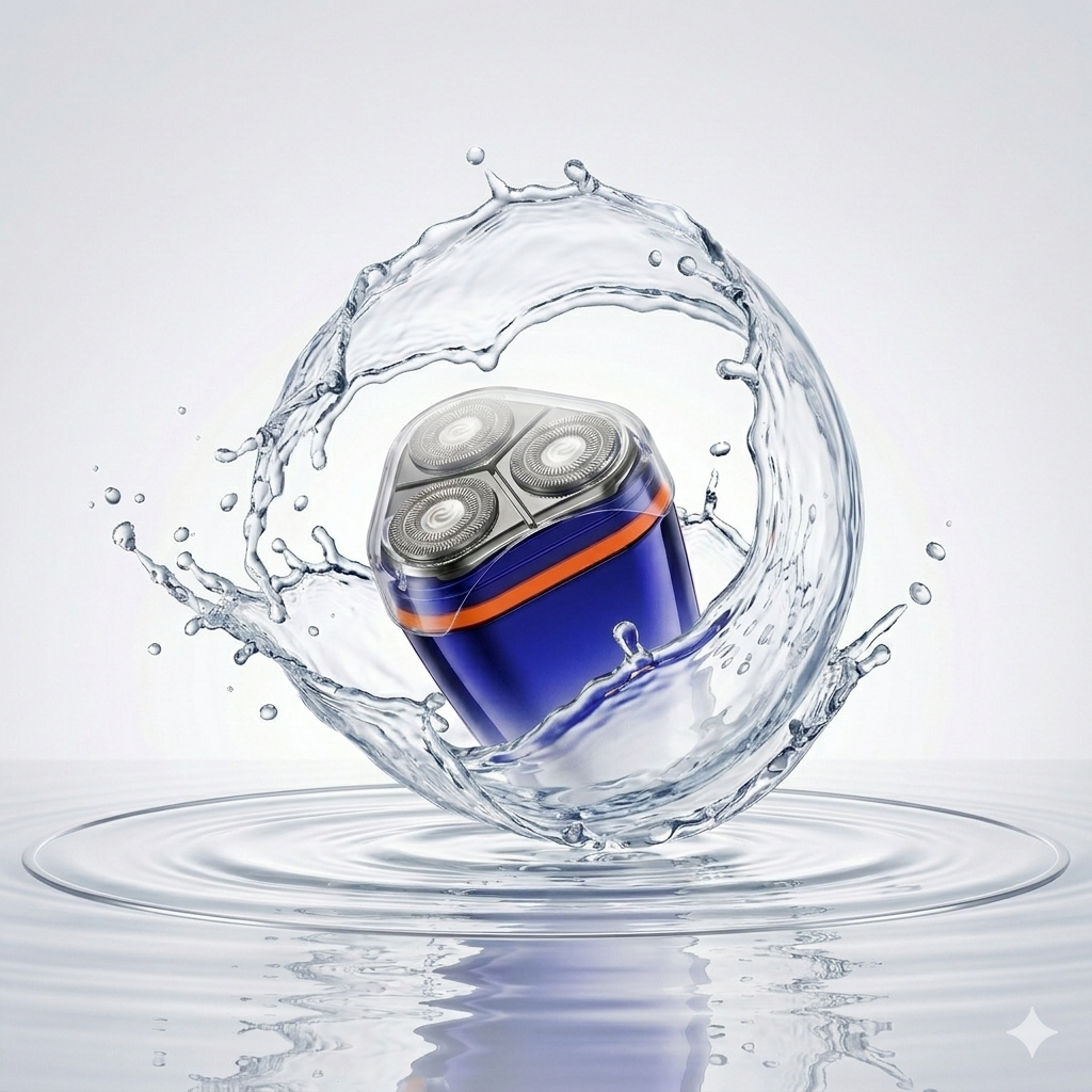 waterproof electric shaver with splash effect showing easy cleaning feature