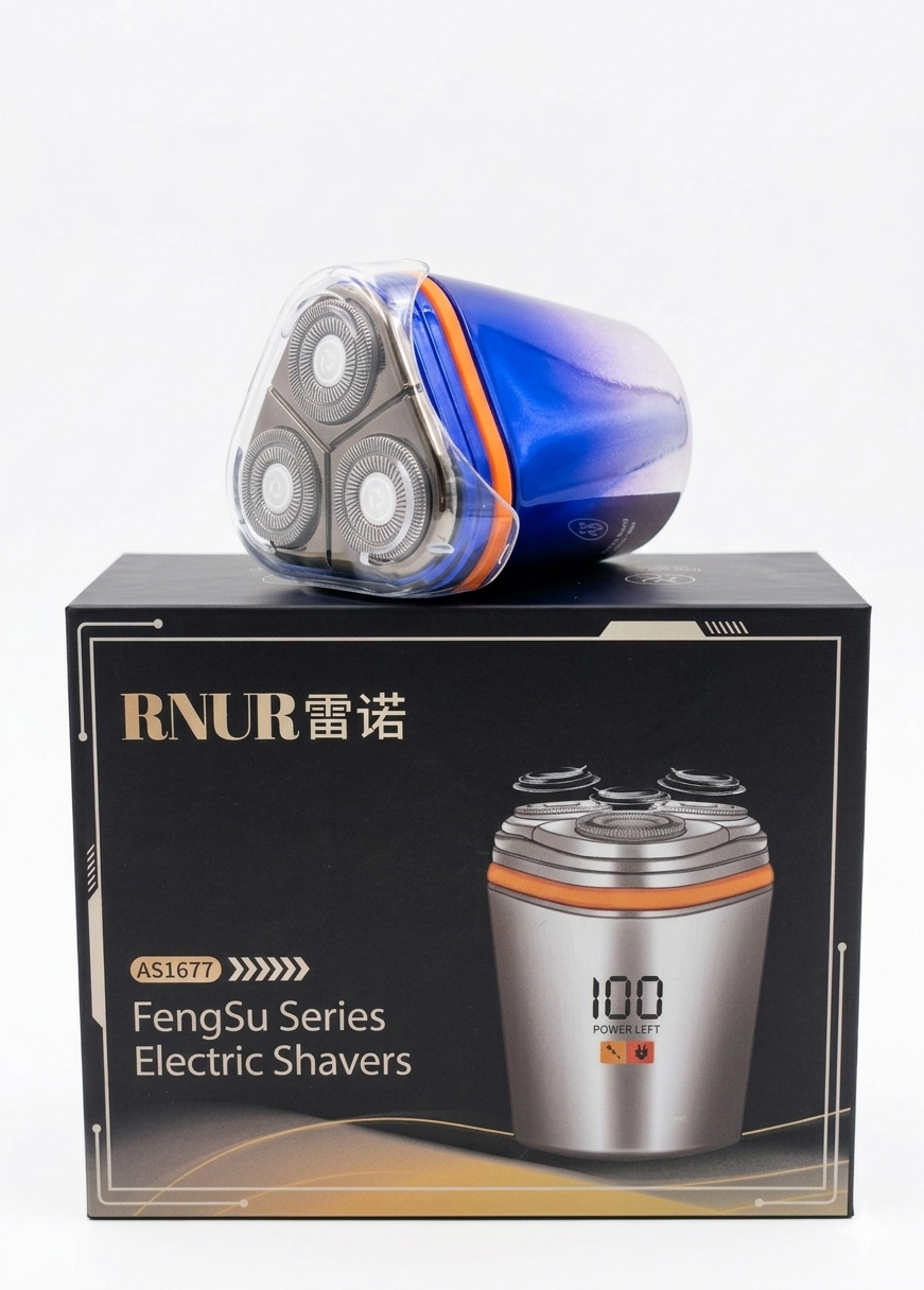 portable electric shaver with retail packaging box showing product and model details