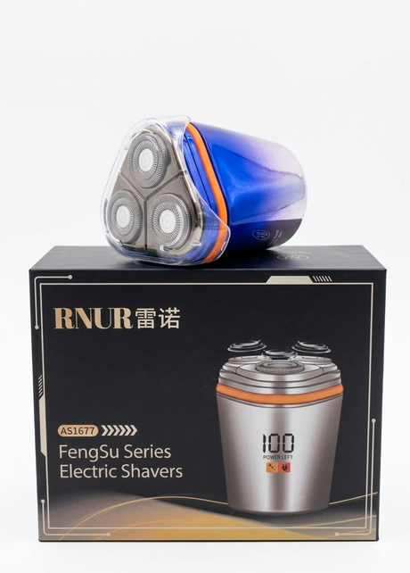 portable electric shaver with retail packaging box showing product and model details