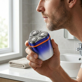 man using portable electric shaver for daily grooming in bathroom