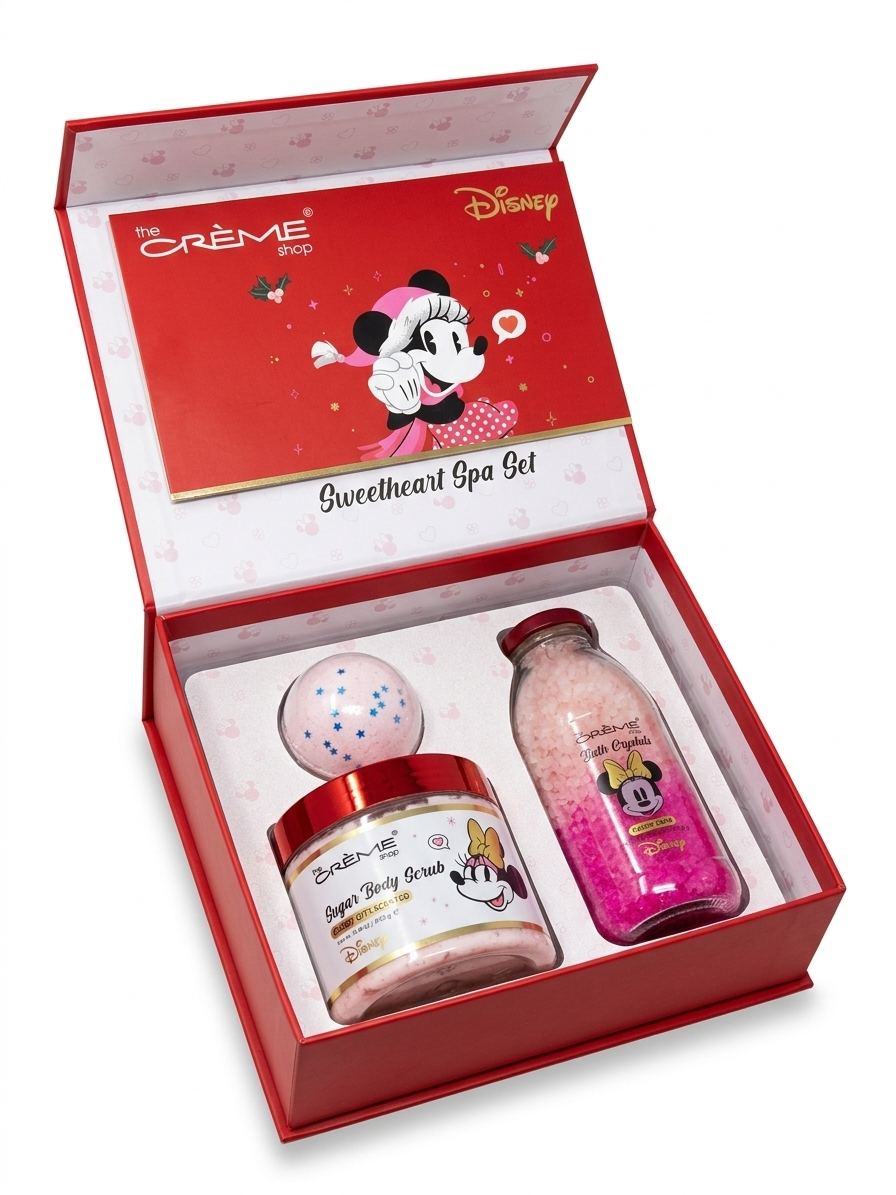 Minnie Mouse Sweetheart Spa Set angled view showing scrub, bath salts, and bath bomb