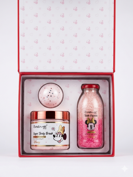 Minnie Mouse spa gift set with bath crystals, scrub, and bath bomb in open box