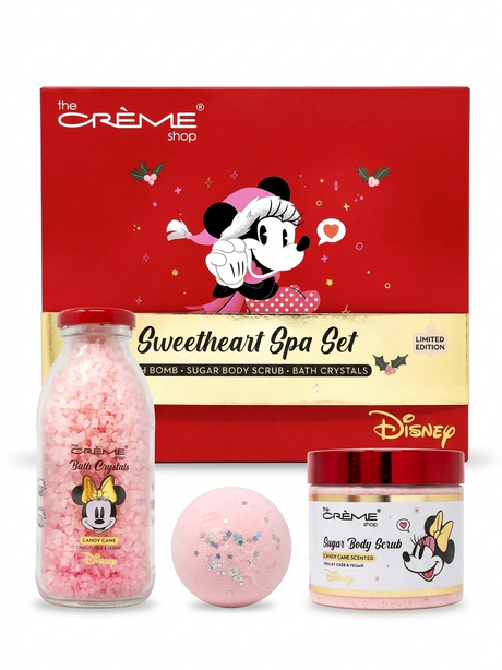 Minnie Mouse spa set packaging with candy cane scented scrub, bath crystals, and bath bomb