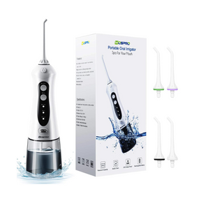 Portable oral irrigator with water tank, multiple nozzle tips, and retail packaging for complete dental care.