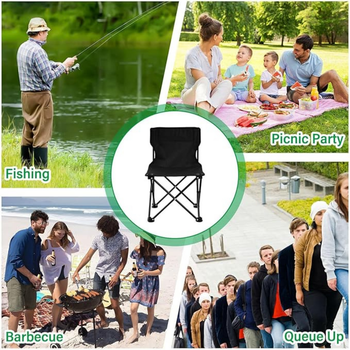 Folding chair used for fishing, picnic, barbecue, and outdoor events showing versatile applications.