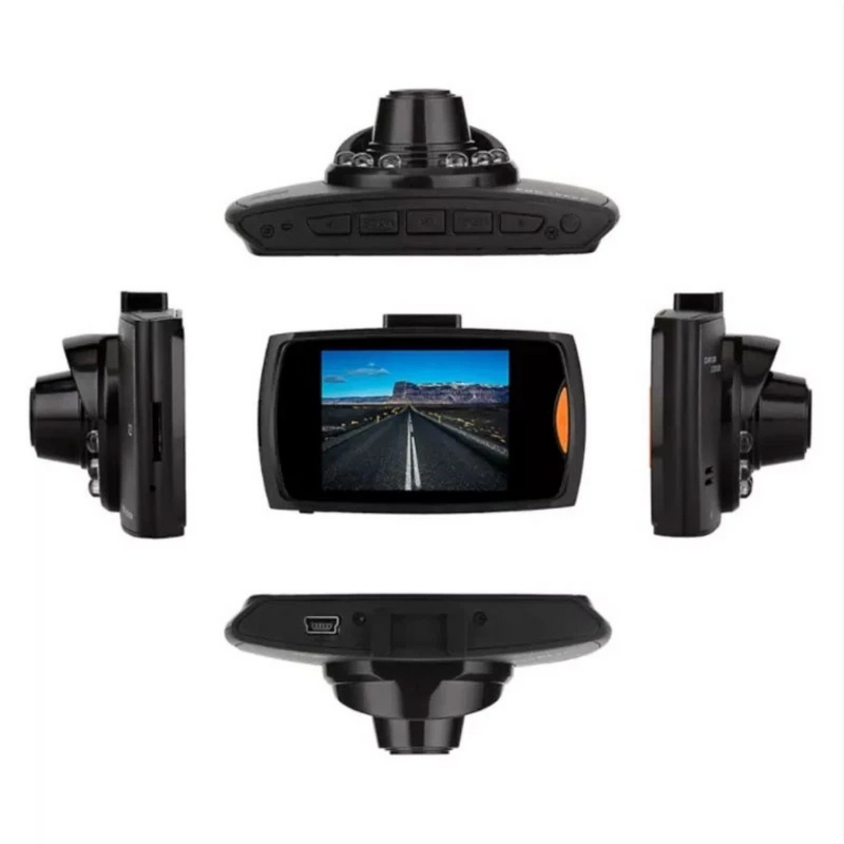 360-degree view of car dash camera highlighting compact design and mounting options.