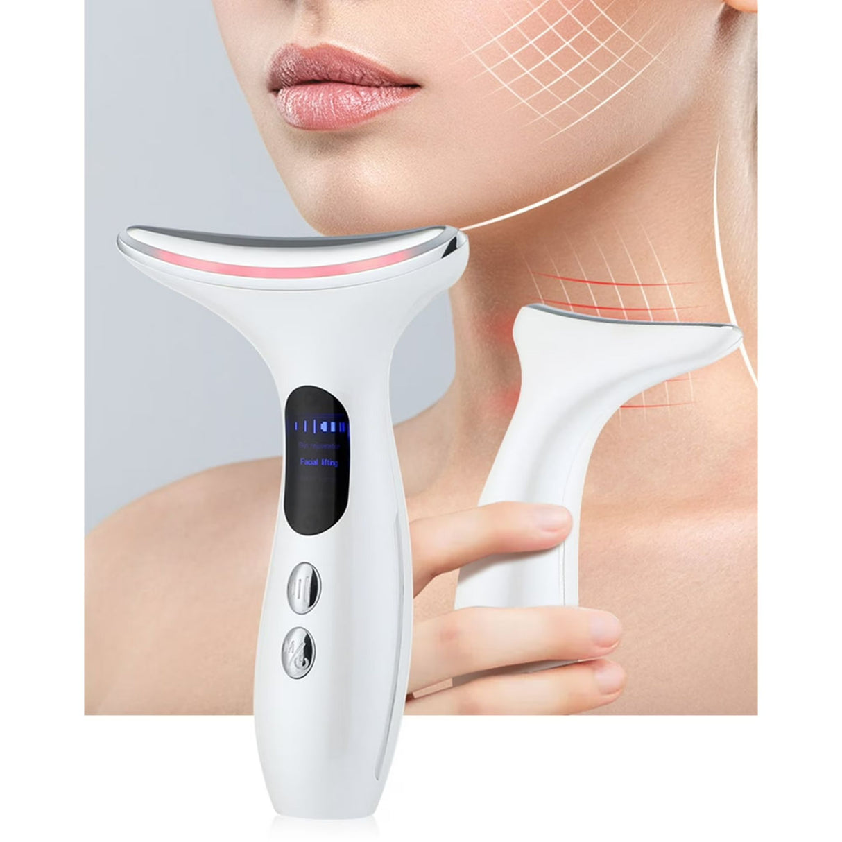 LED neck massager being used on the jawline and neck area. Device designed for lifting and firming skincare treatment.