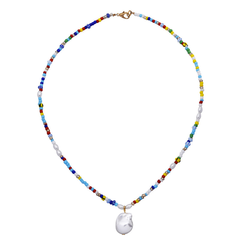 Colorful Beaded Necklace with Pearl & Daisy Flower