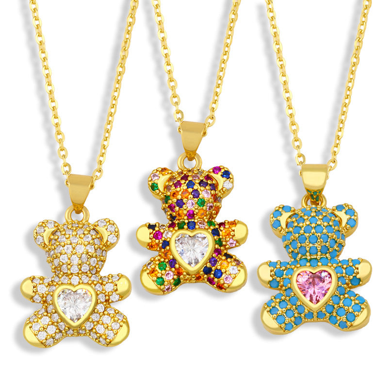 Dainty Colorful CZ Teddy Bear Pendant Gold Chain Necklace