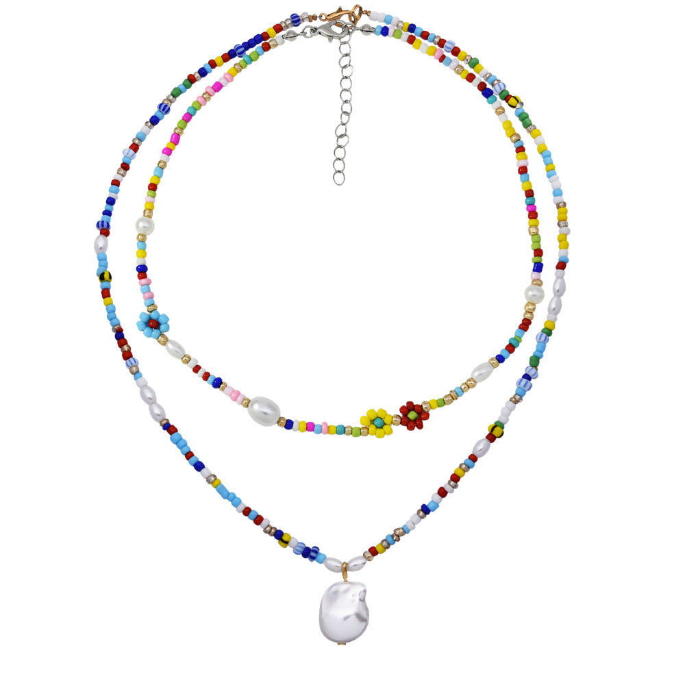 Colorful Beaded Necklace with Pearl & Daisy Flower