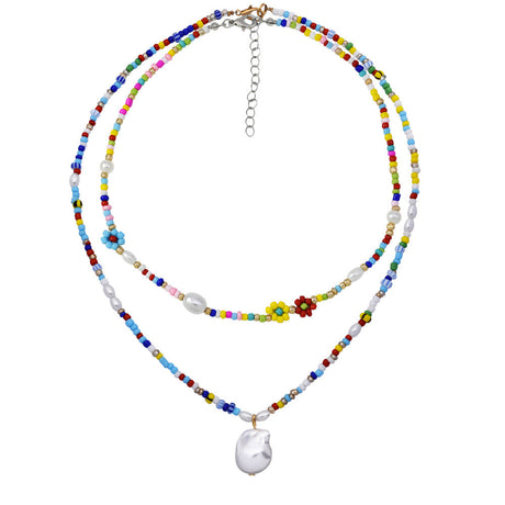 Colorful Beaded Necklace with Pearl & Daisy Flower