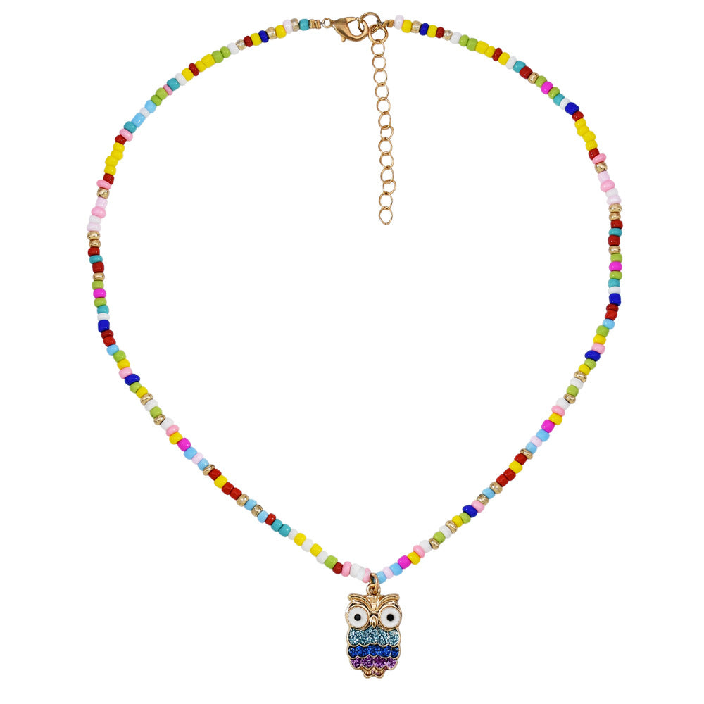 Colorful Beaded Clavicle Chain with  Owl Pendant Necklace