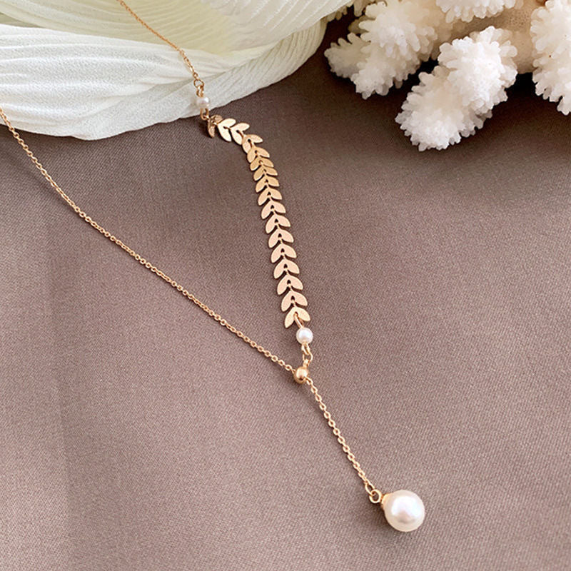 Wheat Leaves Pearl Necklace Gold Adjustable Stainless Steel  #B-045