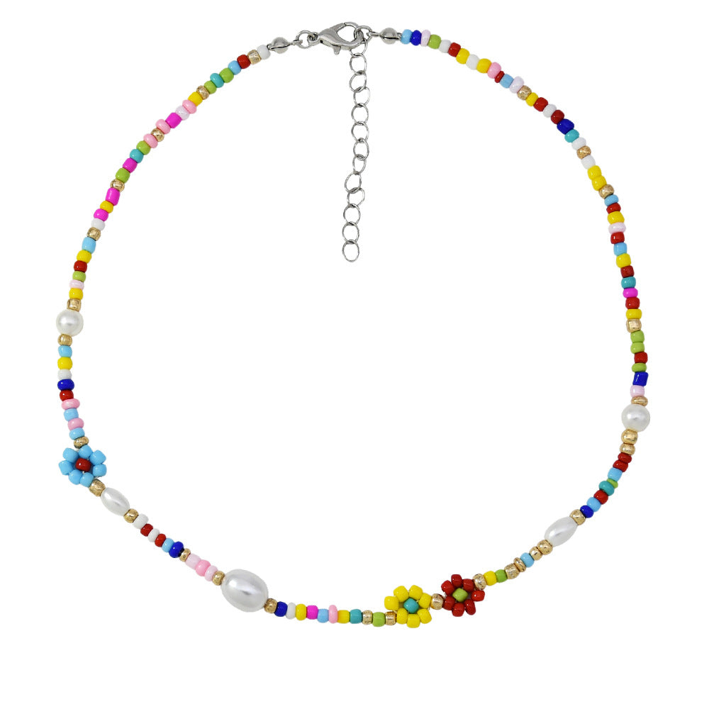 Colorful Daisy Flower Pearls Beaded Necklace Choker
