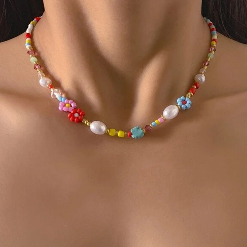 Colorful Daisy Flower Pearls Beaded Necklace Choker