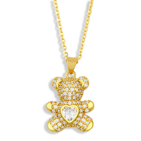 Dainty Colorful CZ Teddy Bear Pendant Gold Chain Necklace