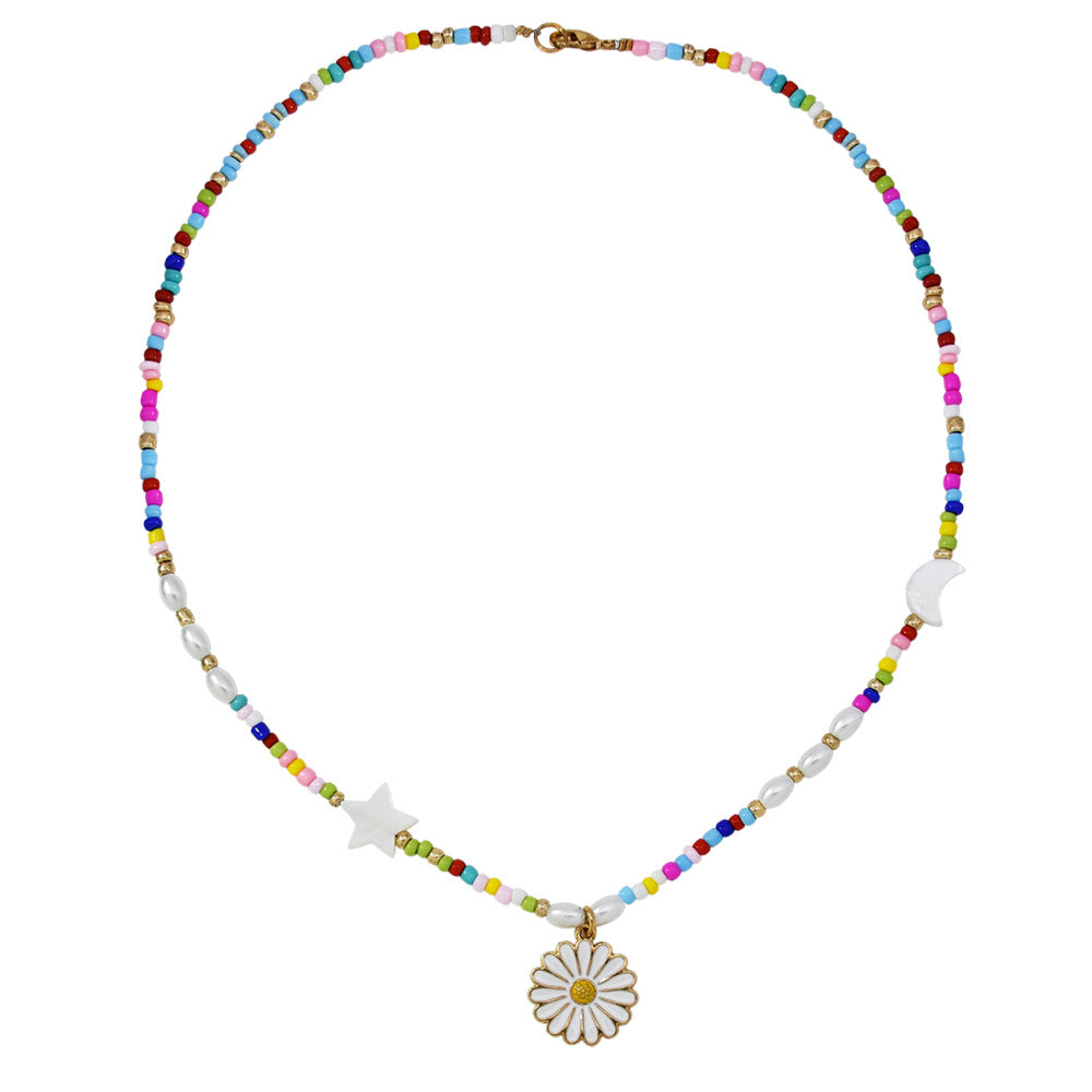 Colorful Beaded Clavicle Chain with Daisy Pendant Necklace