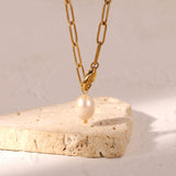 Gold Link Necklace with Freshwater Pearl and Adjustable Clasp Stainless Steel