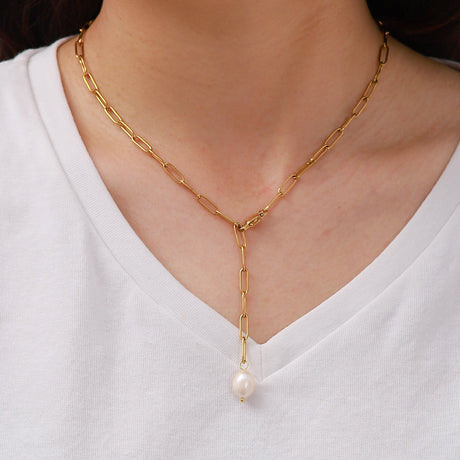 Gold Link Necklace with Freshwater Pearl and Adjustable Clasp Stainless Steel