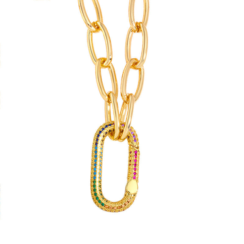 Multicolor Micro Pave Oval Gold Paper Clip Chain Necklace