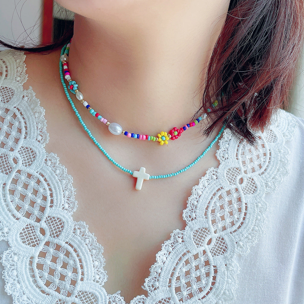 Multicolor Beads Flower Choker Adjustable Necklace