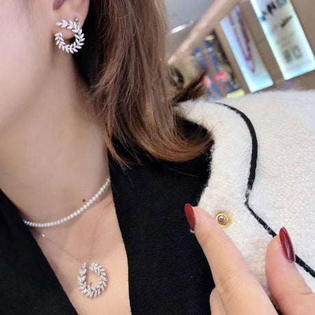 Olive Shape Leave Style Zircon Stud Silver Earrings for Women