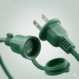 Close-up of outdoor extension cord plug and weatherproof outlet with protective cover