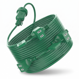 Coiled outdoor extension cord showing dual outlets and durable green cable design