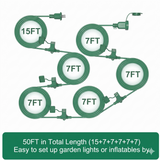 50ft outdoor extension cord with 6 outlets and multiple cord lengths layout