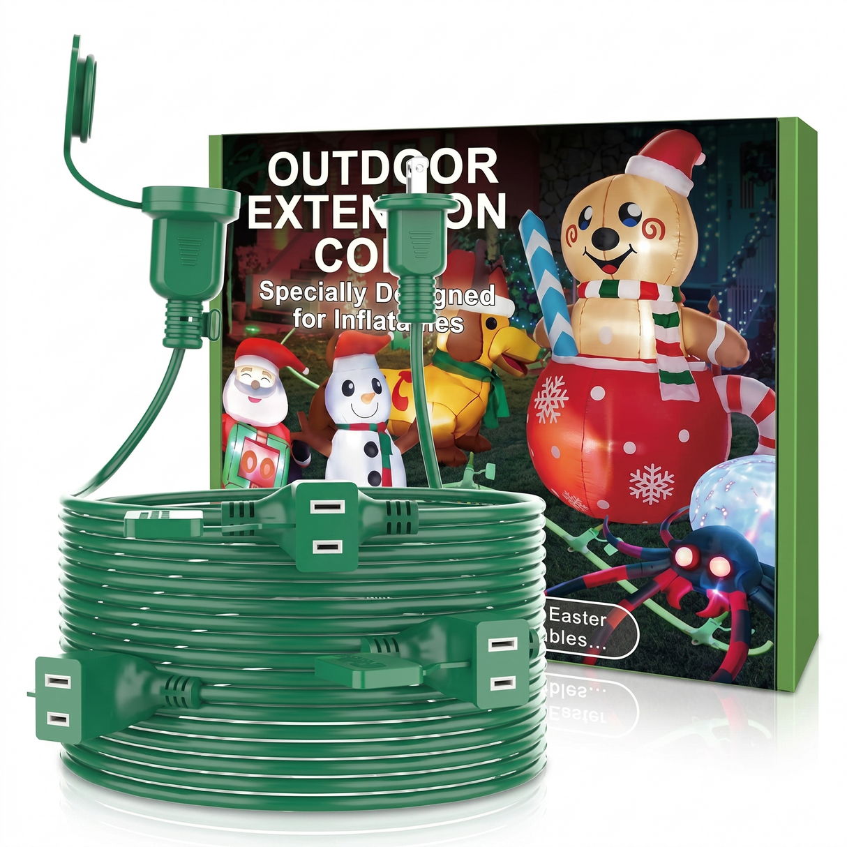 Outdoor extension cord with 6 outlets displayed with packaging and holiday inflatables