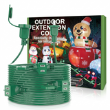 Outdoor extension cord with 6 outlets displayed with packaging and holiday inflatables