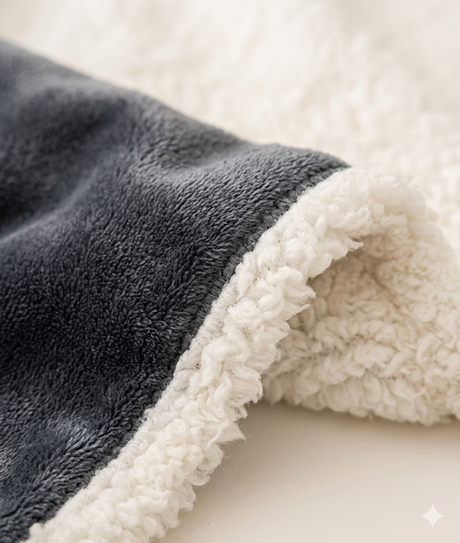 Close-up of plush electric heated blanket showing soft sherpa and flannel layers