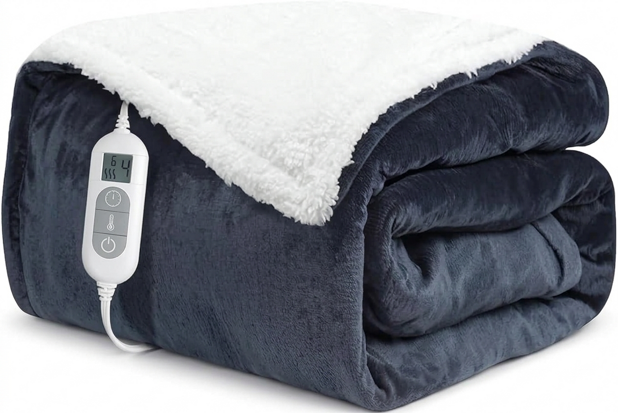 Folded electric heated blanket with controller displaying adjustable heat settings
