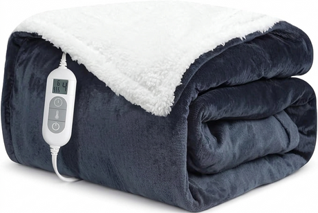 Folded electric heated blanket with controller displaying adjustable heat settings