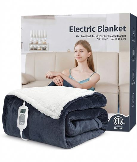 Plush electric heated blanket with controller displayed folded beside retail packaging