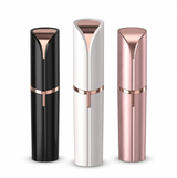 Three portable electric facial hair remover devices in black, white, and rose gold displayed upright. Sleek cylindrical design with metallic accents.