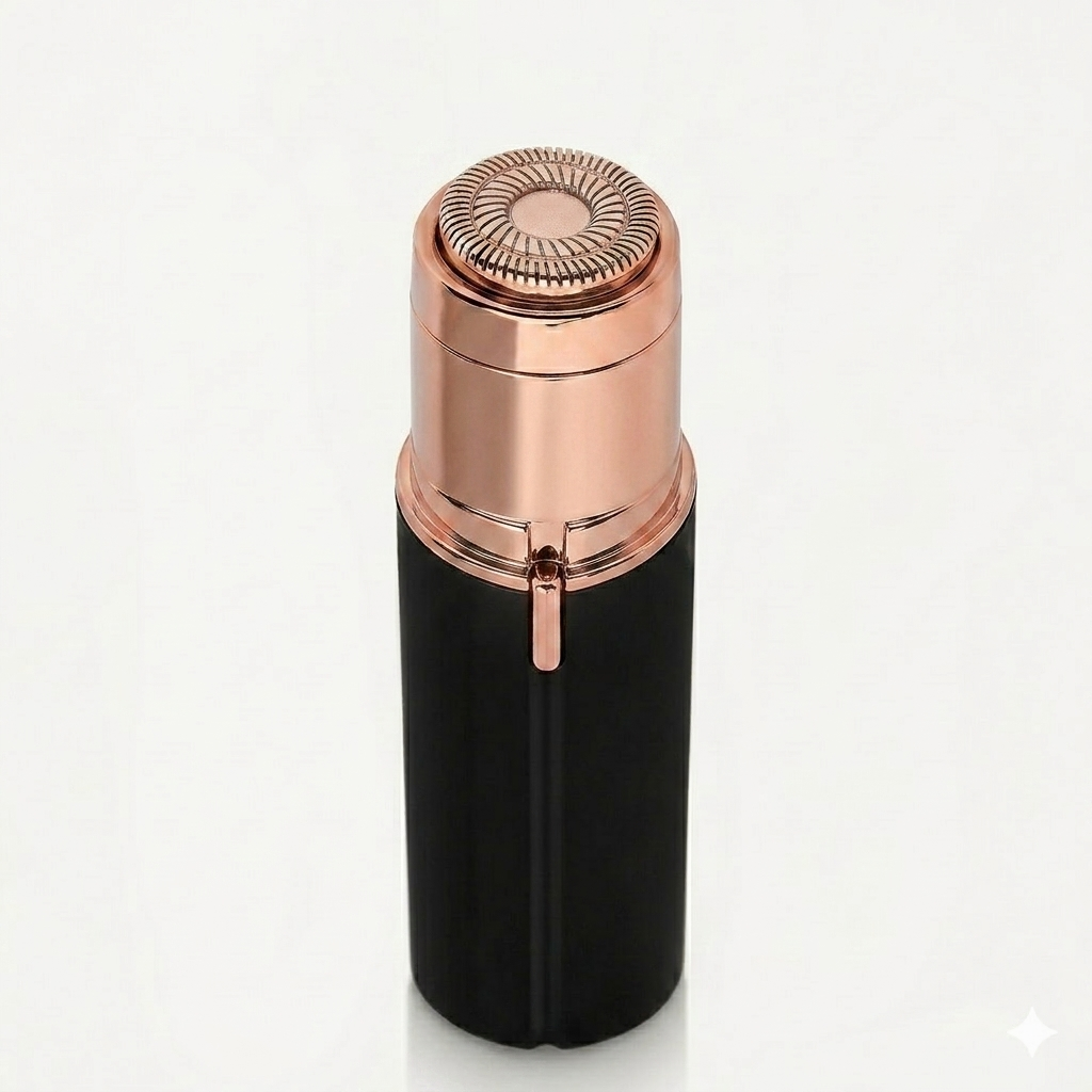 Close-up of the electric facial hair remover with the cap removed, revealing the circular shaving head. Precision blades designed for gentle facial hair removal.
