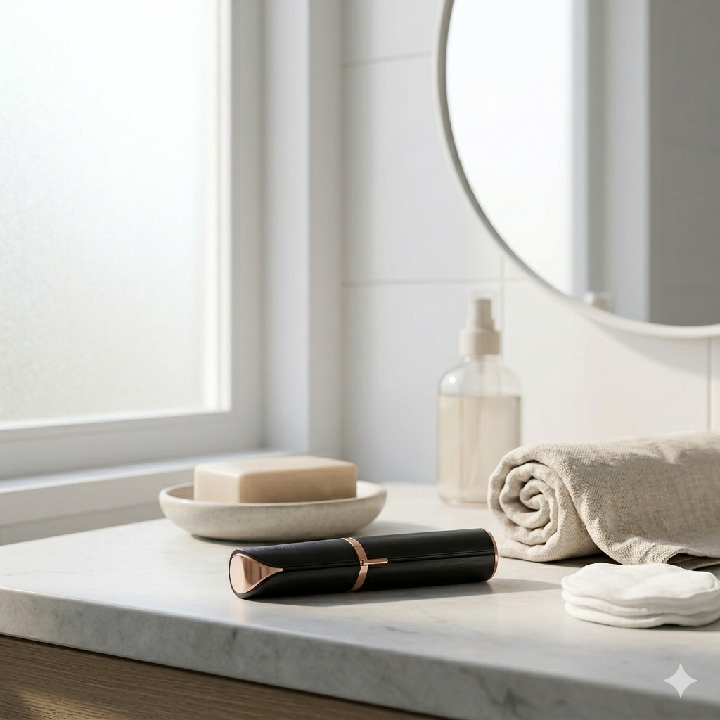 Portable electric facial hair remover placed on a bathroom countertop near a mirror and towel. Compact design suitable for everyday grooming and travel.