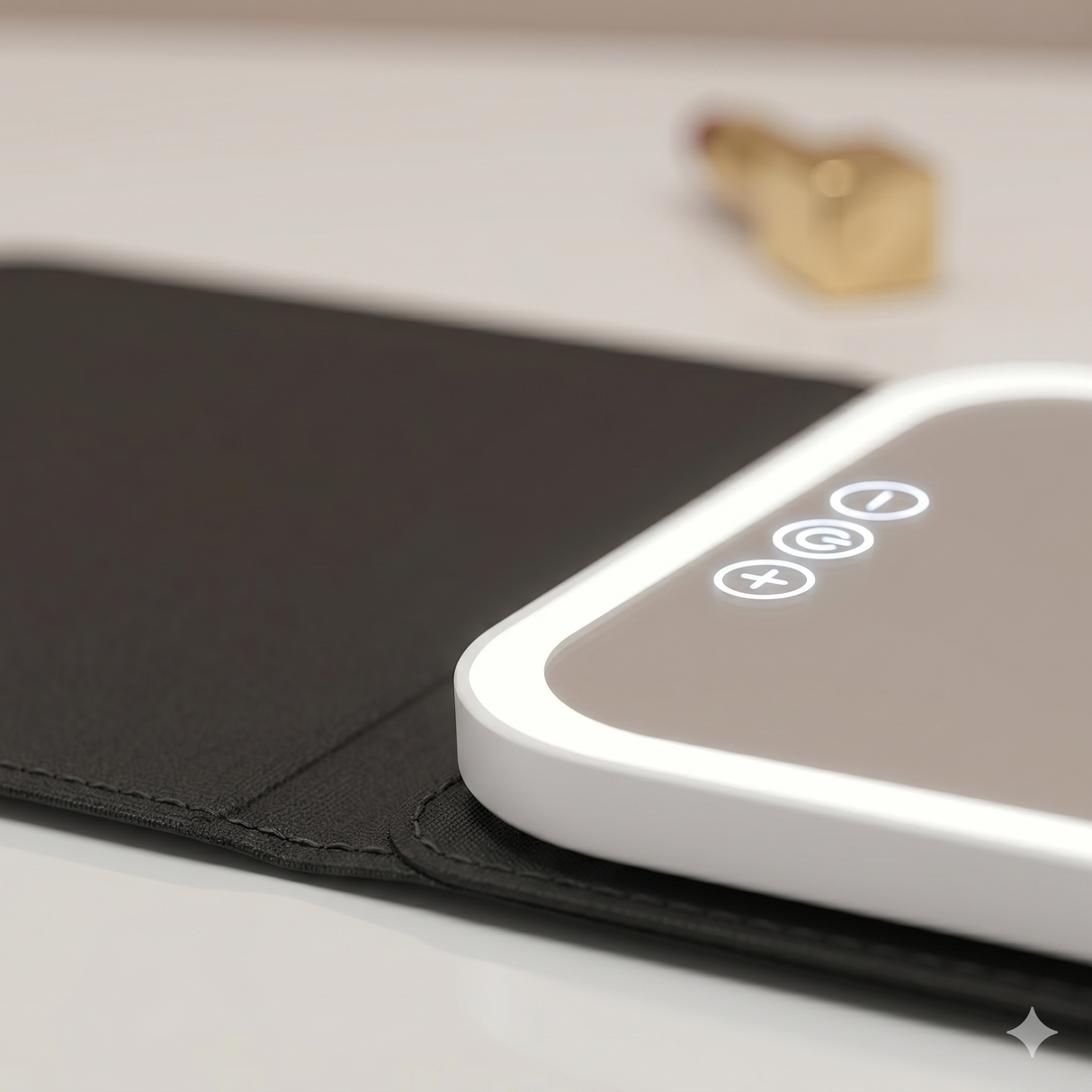 Portable LED makeup mirror close-up showing touch control buttons