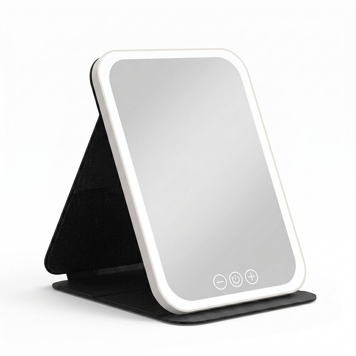 Portable LED makeup mirror angled view with foldable stand base