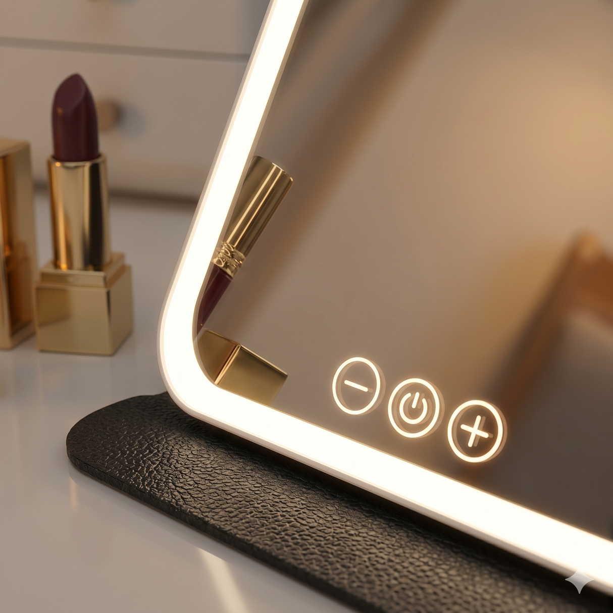 Portable LED makeup mirror with warm light and brightness adjustment feature