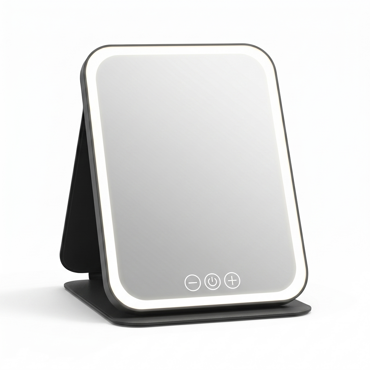 Portable LED makeup mirror front view with illuminated frame design