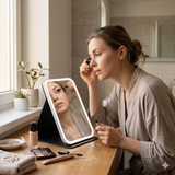 Portable LED makeup mirror used at vanity with adjustable lighting