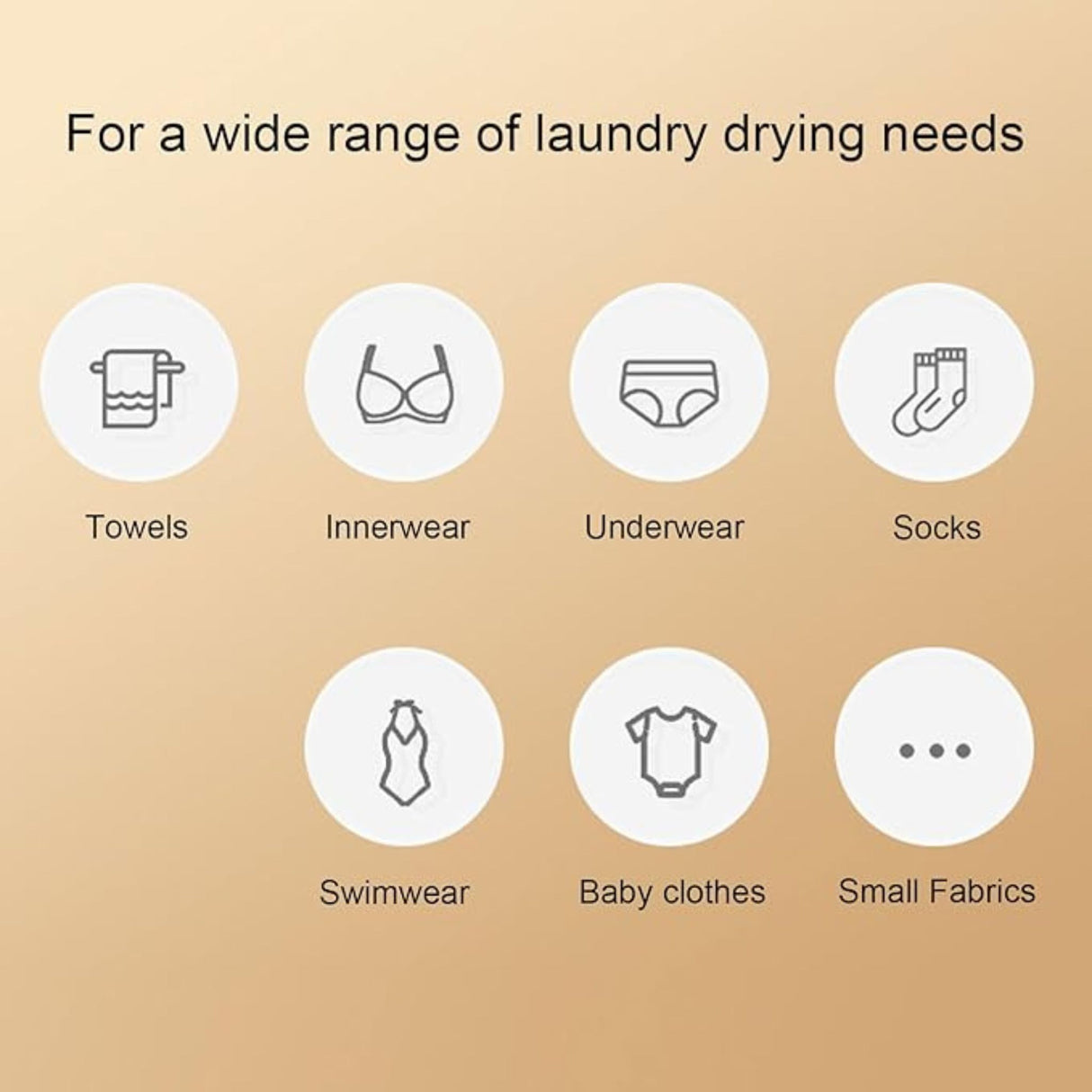 A graphic display illustrating suitable items for the portable mini clothes dryer, including towels, innerwear, swimwear, and baby clothes.