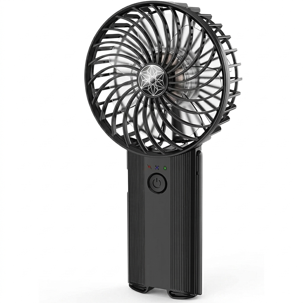 Black portable handheld fan with sturdy design and front grille