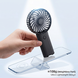 Portable handheld fan highlighting ultra-lightweight 108g design feature