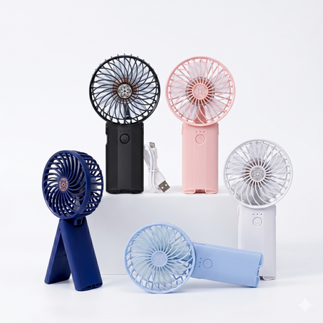 Multiple color options of portable rechargeable handheld fan with USB charging cable