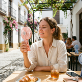 Woman using portable rechargeable handheld fan outdoors for cooling
