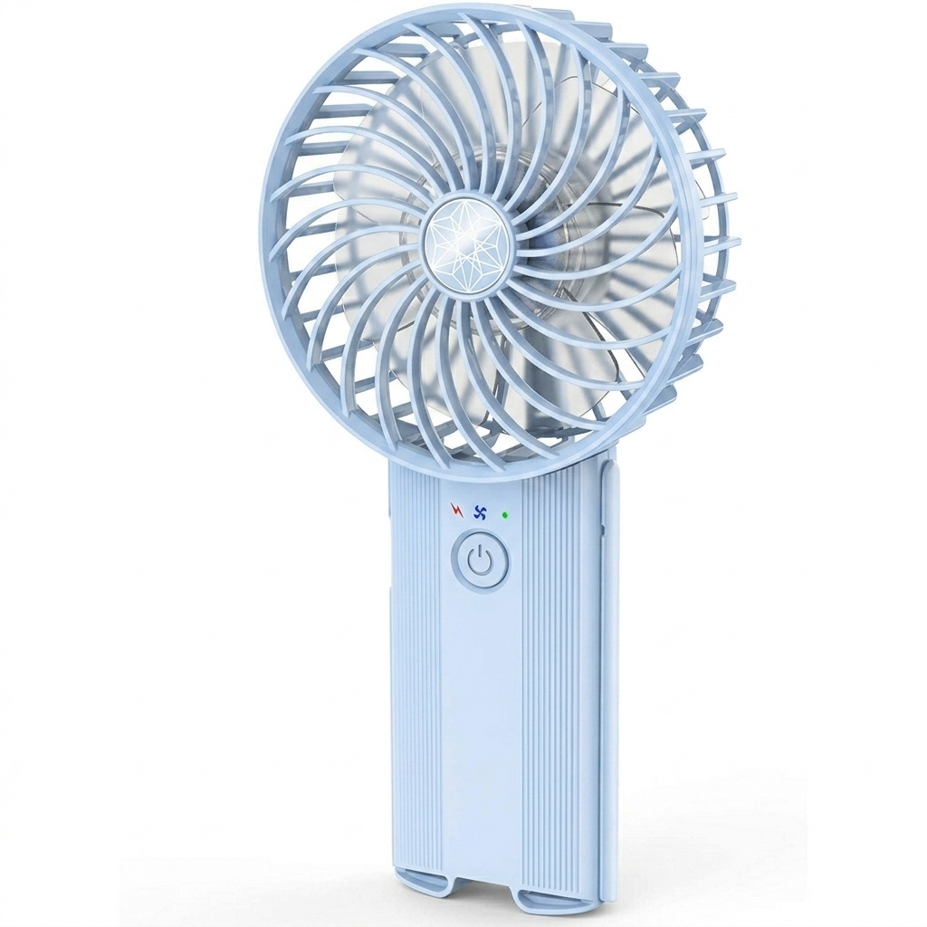 Sky blue portable rechargeable handheld fan with compact foldable handle